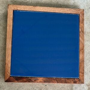 Blue Ceramic Tile Trivet Hot Plate in Square Dark Wood Frame 7”